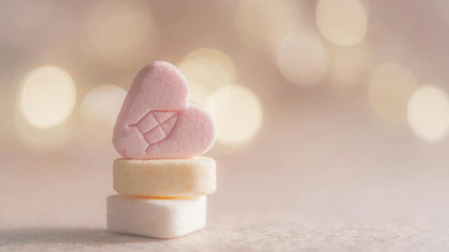 three beige yellow and pink heart marshmallows